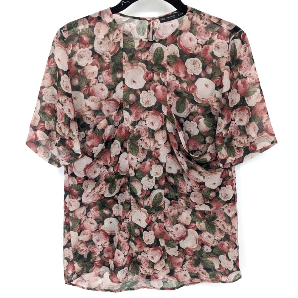 Zara Blouse Women Small Black Red Floral Roses Sheer Top